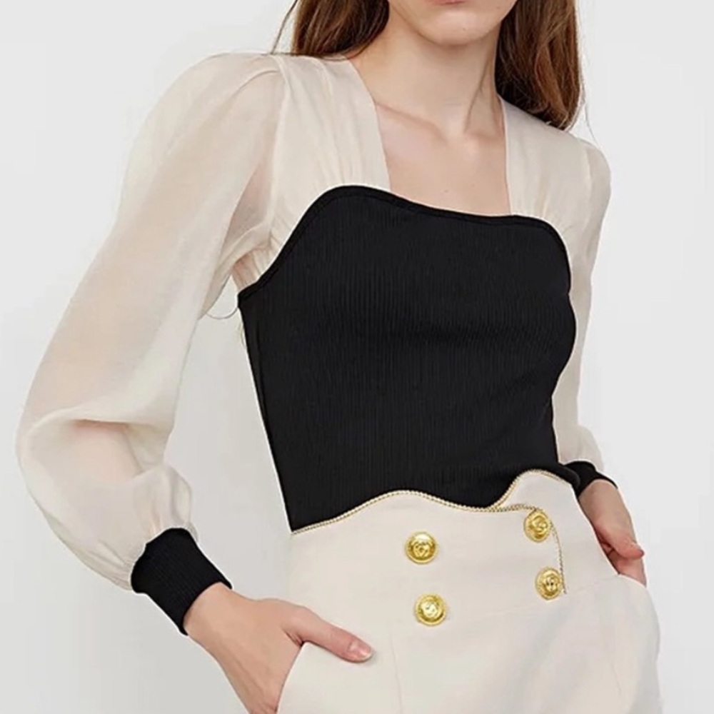 J. ING Sheer Sleeve Black and White Long Sleeve Top S